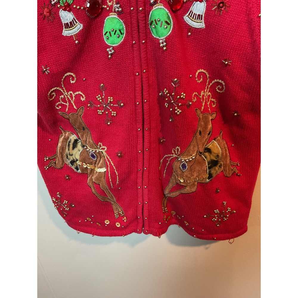 CB Collections Women's Red Beaded Reindeer Christmas Hooded Vest M - Picture 3 of 9